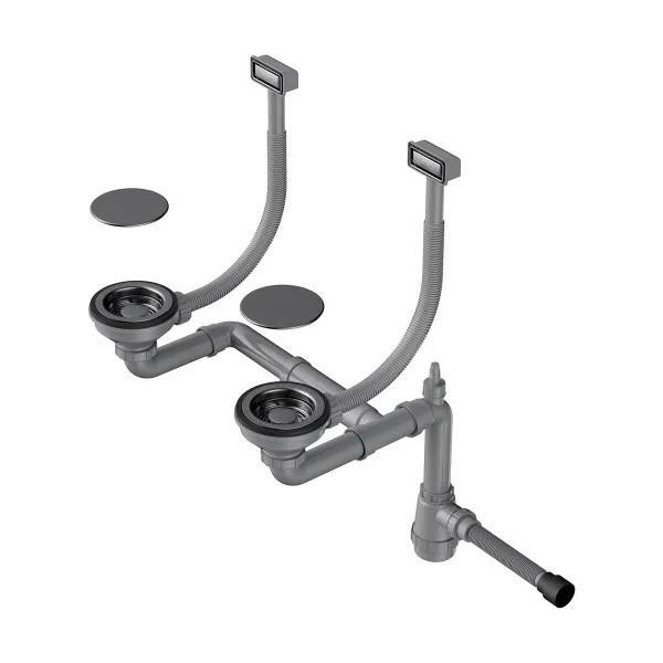Арматура для двухчашевых кухонных моек Omoikiri WK-2C GM 4956498 с прямоугольными переливами и декоративными элементами для корзины, вороненая сталь