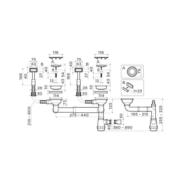 Арматура для двухчашевых кухонных моек Omoikiri WK-2C GM 4956498 с прямоугольными переливами и декоративными элементами для корзины, вороненая сталь