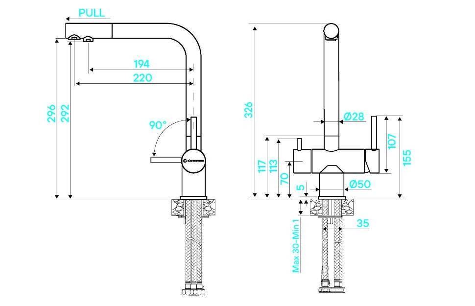 Смеситель для кухонной мойки KUCHENSTERN FOKUS-FS SS нержавеющая сталь