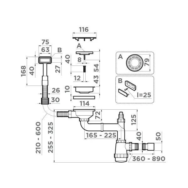 Арматура для одночашевых кухонных моек Omoikiri WK-1C IN 4956472 с прямоугольным переливом и декоративным элементом для корзины, нержавеющая сталь
