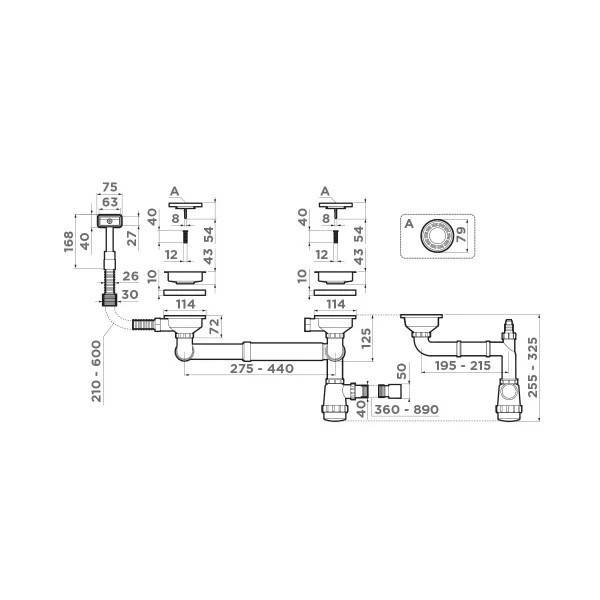 Арматура для полуторачашевых кухонных моек Omoikiri WK-1.5-S IN 4998039 со скрытым прямоугольным переливом, нержавеющая сталь