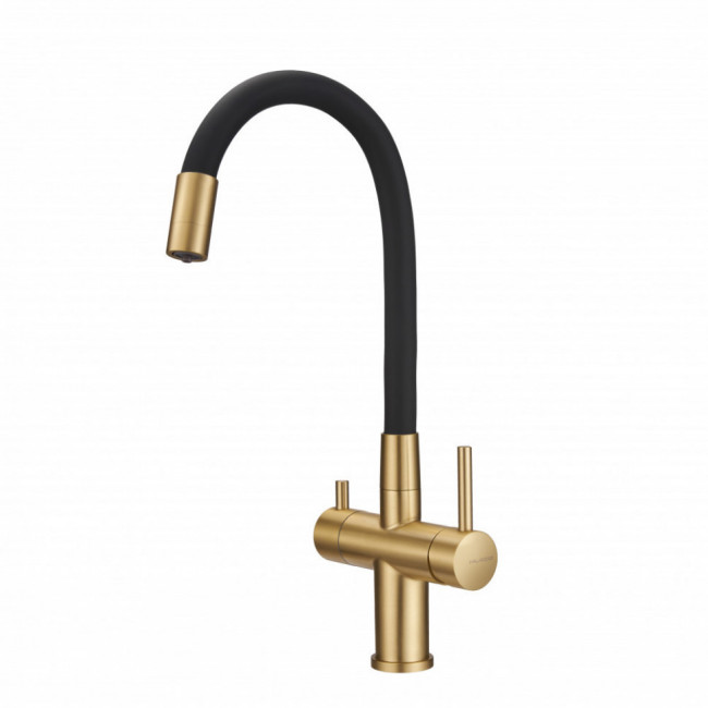 Смеситель для кухни под фильтр с краном для питьевой воды (2в1) и гибким изливом Milacio Ultra золото + черный MCU.560.GDB